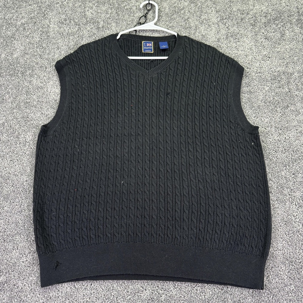 T. Harris Sweater Vest Mens Large Black Cable Knit V Neck Cotton Pullover Casual